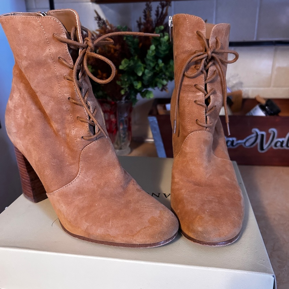 Franco Sarto Tan Suede Lace-Up Boots with Chunky Heel